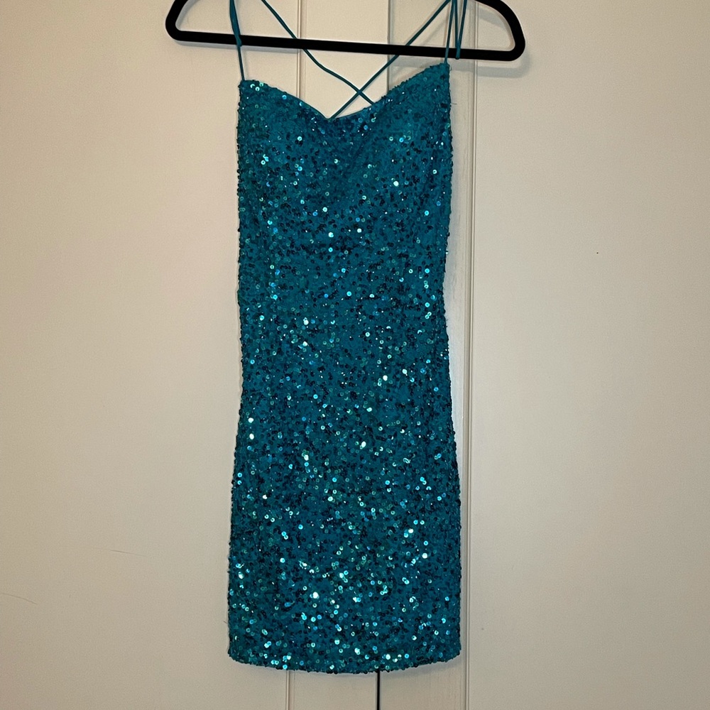 Turquoise Sequined Lace Up Mini Dress